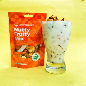 Green Baskit Nutty Fruity Mix topping a healthy yogurt parfait - sugar-free and natural energy snack.